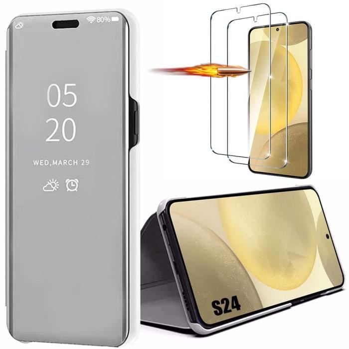 Coque pour Samsung Galaxy S24 - Argenté - Effet Miroir - Antichoc - 2 Verres Trempés