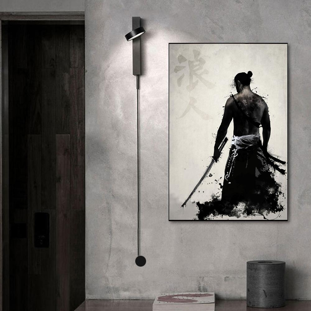 Abstract Japanese Samurai Ink Art Canvas Painting Figure Portrait Poster Prints Living Room Bedroom Black White Wall Art Pictures Modern Home Decor