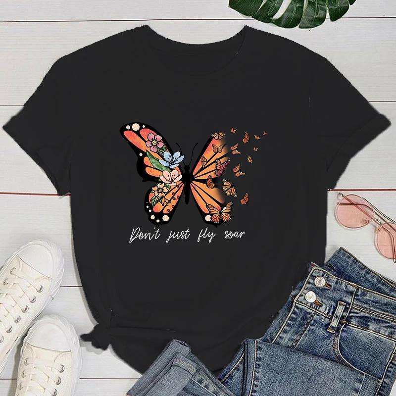 (Premium T-shirt)New Butterfly Don'T Just Fly Soar Letter Printed T-Shirts For Female Summer Tee Shirt Casual Short Sleeve