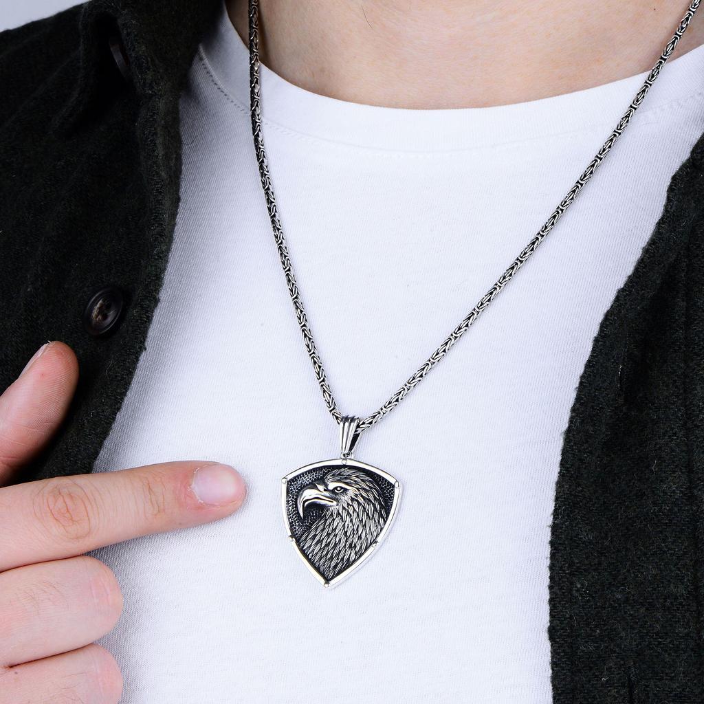 Majestic Silver Eagle Pendant,  Men's Byzantine Chain Necklace,  Unique Biker Animal Jewelry,  Handcrafted Turkish Artisan Design