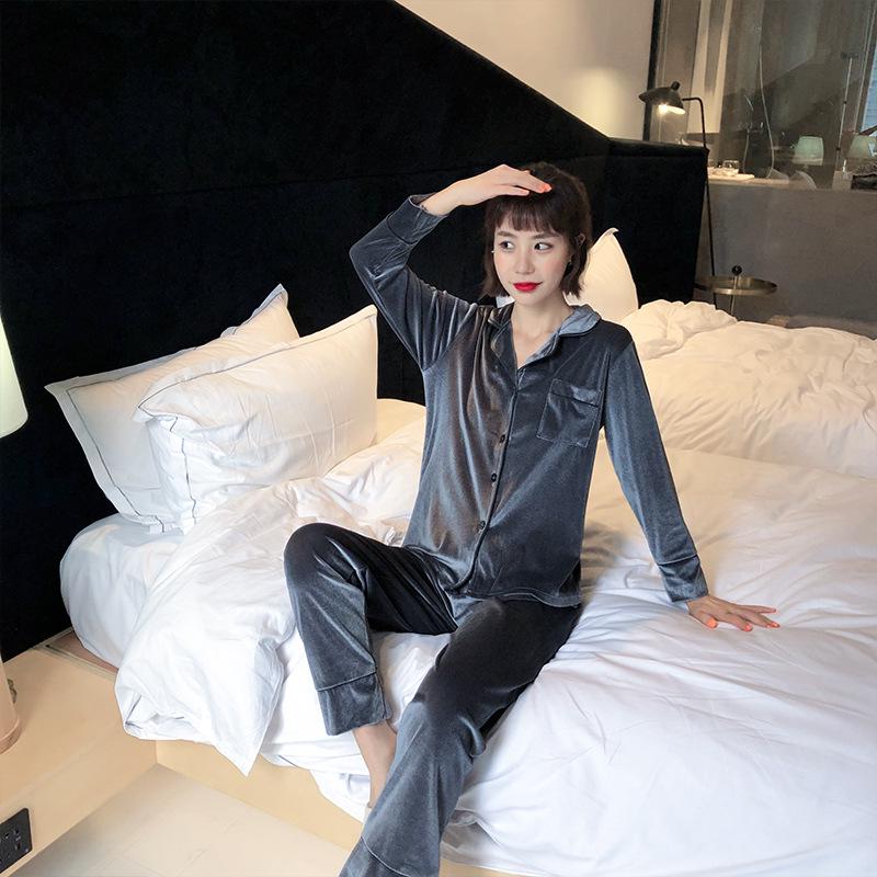 Couple's Gold Velvet Pajamas: Thin Fleece Two-Piece Set for Women & Men - Long Sleeve, Solid Color, Perfect for Spring & Autumn Homewear