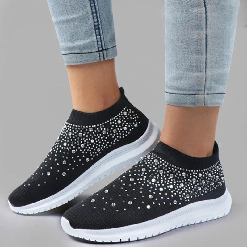 Fashion New Shining Crystal Flats Women Spring Breathable Knit Platform Sneakers Woman Comfortable Soft Bottom Non-slip Sports Shoes