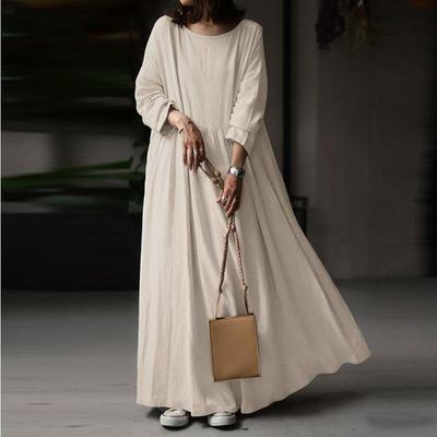 Vintage Effen Lange Jurk Dames Herfst Zomerjurk Casual Lange Mouw Geplooide Maxi Vestidos Retro Katoenen Gewaad Kaftan