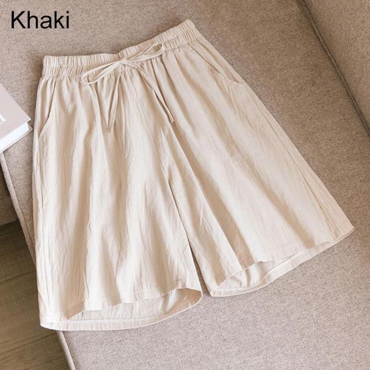 Women's Summer Casual Cotton Linen Shorts with Elastic Waist and Drawstring Comfortable Wide Leg Solid Color Beach Pants