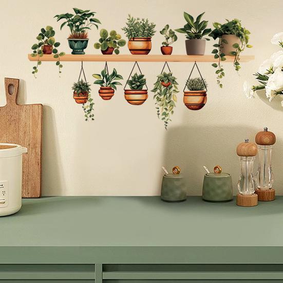 Potted Green Plant Shelf Wall Decal Tropical Plants Green Leaves Wall Stickers Removable Wall Art Murals for Living Room Bedroom Kitchen Office