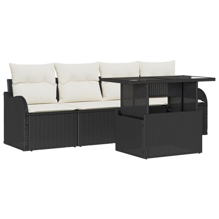 Canapé de jardin 5 pièces avec coussins noir poly rotin, Canapé de jardin 2 places avec rangement et coussins noir poly 3357100