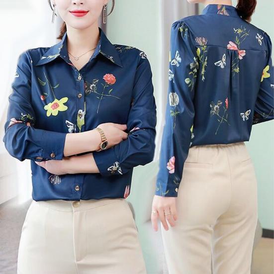Slim Large Size Floral Fit Print Lapel Casual Button Long Sleeve Shirt Blouse