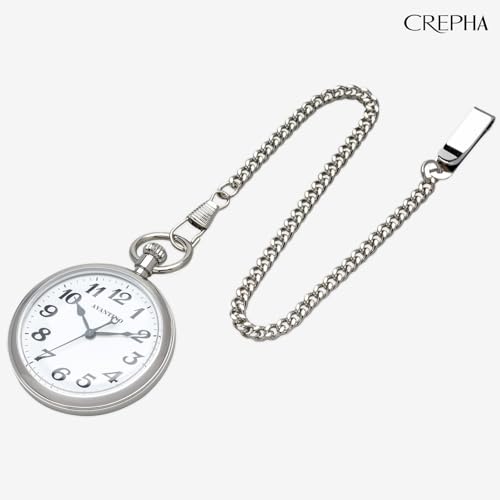 CREPHA Men's Pocket Watch, Japanese Movement, 50mm, Simple Design, Battery-Operated, Stainless Steel, Analog, White Dial, Silver