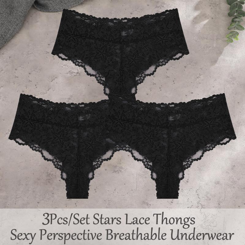 FINETOO 3Pcs Sexy Lace Star Perspective Thongs Panties Women High Waist Breathable Underwear Female Soft Intimates Lingerie 2026