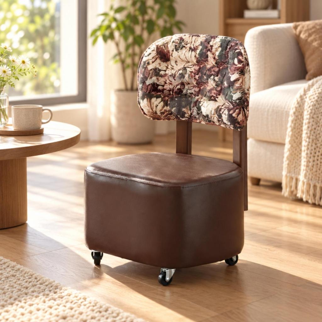 Movable Upholstered Low Stool with Wheeled Base Mobile Rolling Backrest Soft Seating