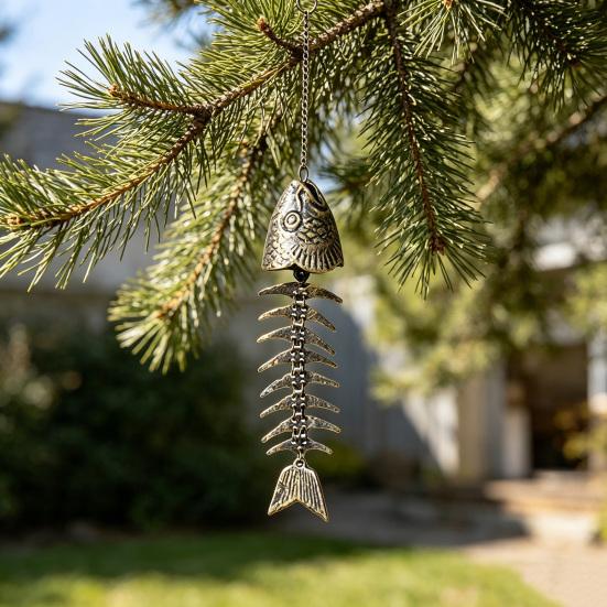 Fish Skeleton Windchime Vintage Metal Fish Bone Wind Chime Outdoor Hanging Bell with Soothing
