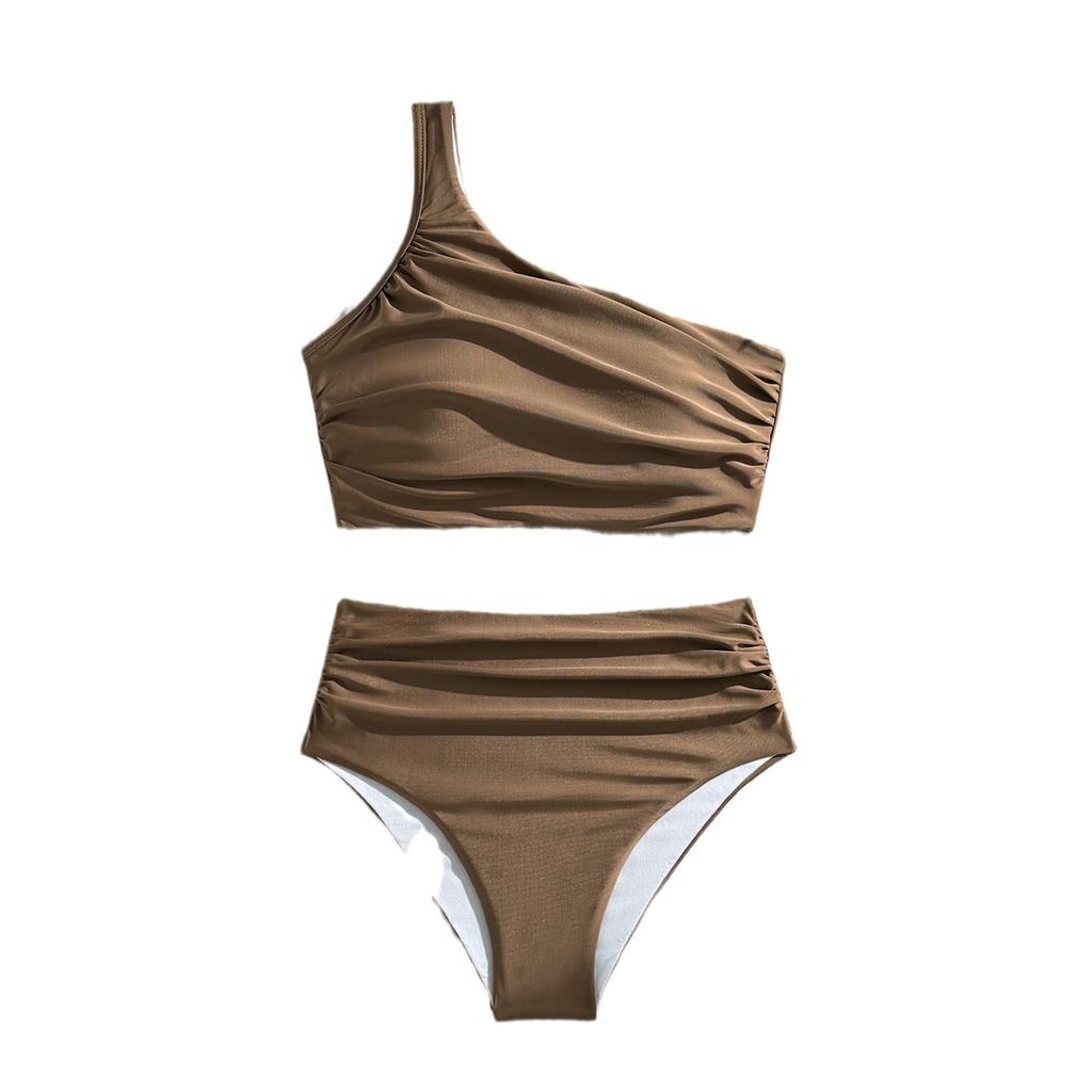 2026 Solid Color Pleated High Waist Shoulder Split Swimsuit