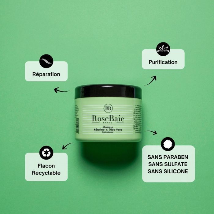 Masque capillaire - RB ROSEBAIE PARIS - Kératine Aloe Vera - 500 ml - Sans parabène - Tous types de cheveux