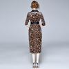 Damen Neu Herbst Winter V-Ausschnitt Langarm Französisch Vintage Sexy Leopardenmuster Samtkleid Mode Büroarbeit Bleistiftkleid mit Gürtel