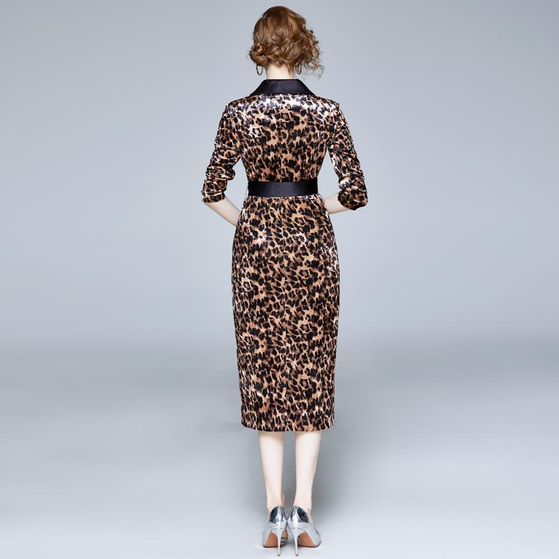 Dámské nové podzimní zima s dlouhým rukávem s výstřihem do V francouzské vintage sexy leopardí šaty sametové šaty módní kancelář pracovní tužkové šaty s páskem