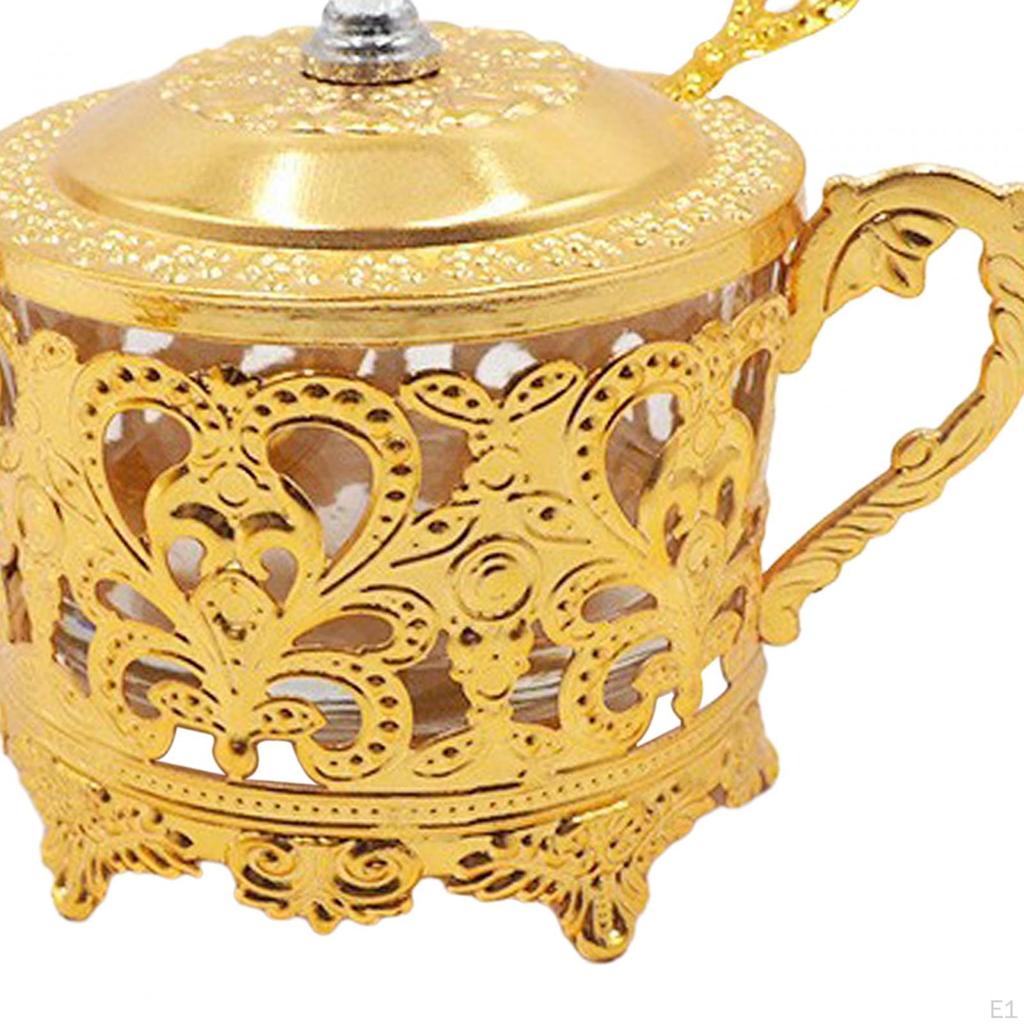 Sugar Bowl Spice Jar with Lid and Spoon Elegant Gold Storage Dry Food Container for Coffee Party