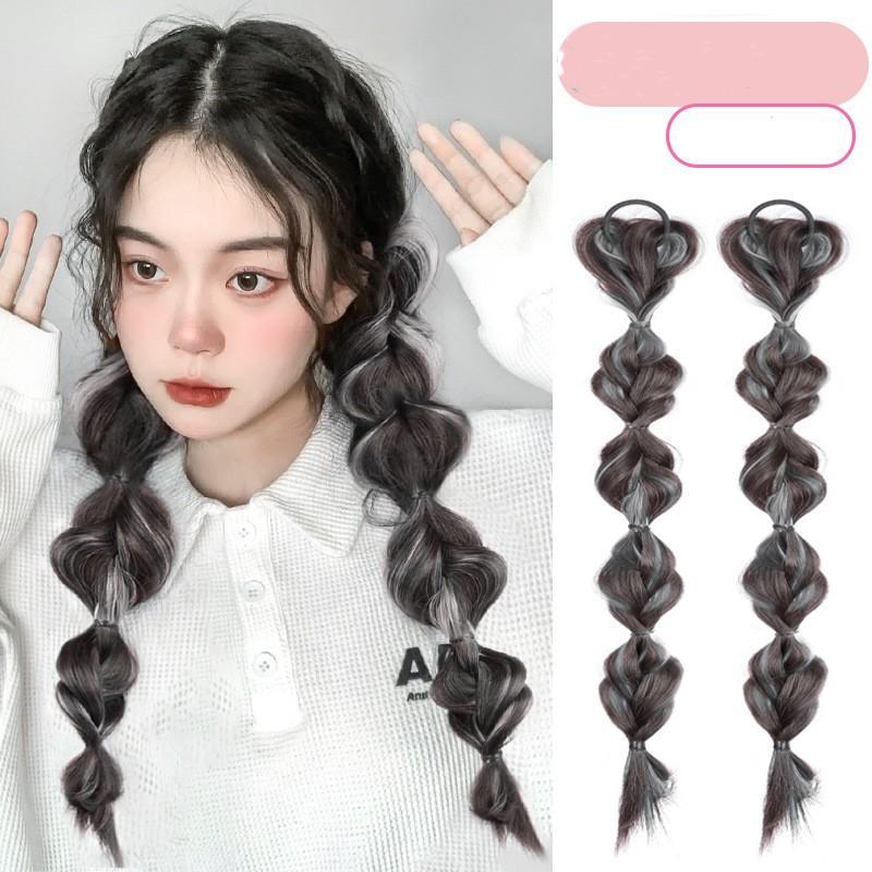 2 Pcs/set Synthetic Bubble Twist Ponytail High Elastic Wig Women Hair Side Natural Lantern Wig Braid Black Tail Hairpiece