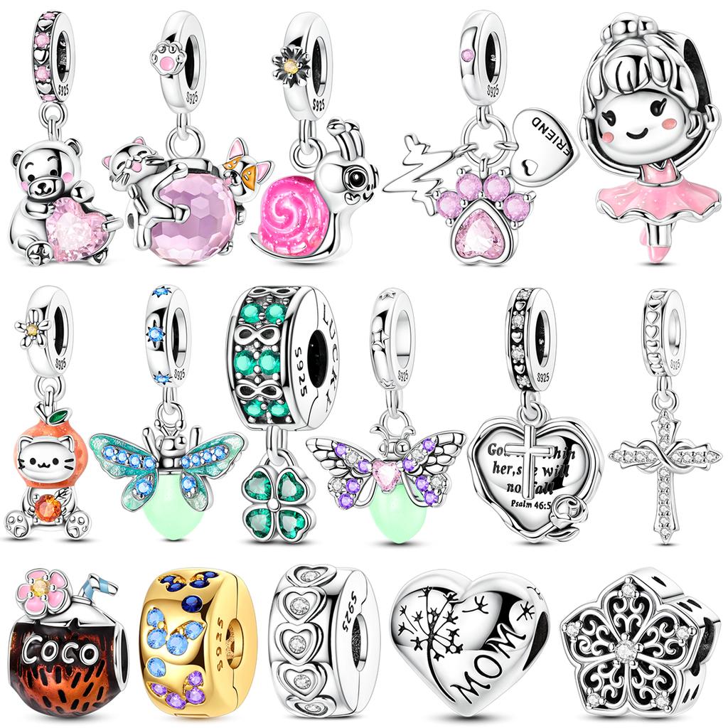 Glücksklee Charms Perle Original 925er Silber Eingelegt Rosa Zirkonia Niedliche Haustiere Anhänger Passend Armband Schmuck Liebhaber Geschenk
