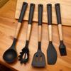 Black Wood Handle Silicone Kitchenware Set: Food-Grade Spatula, Soup Ladle & Cooking Utensils