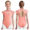 Girls Lace Cap Sleeves Dance Leotard Sheer Mesh Patchwork Cutout Bodysuit for Ballet Practice Exam