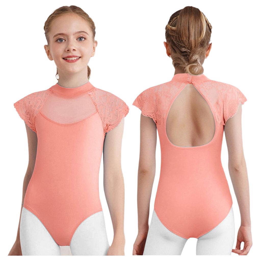 Girls Lace Cap Sleeves Dance Leotard Sheer Mesh Patchwork Cutout Bodysuit for Ballet Practice Exam