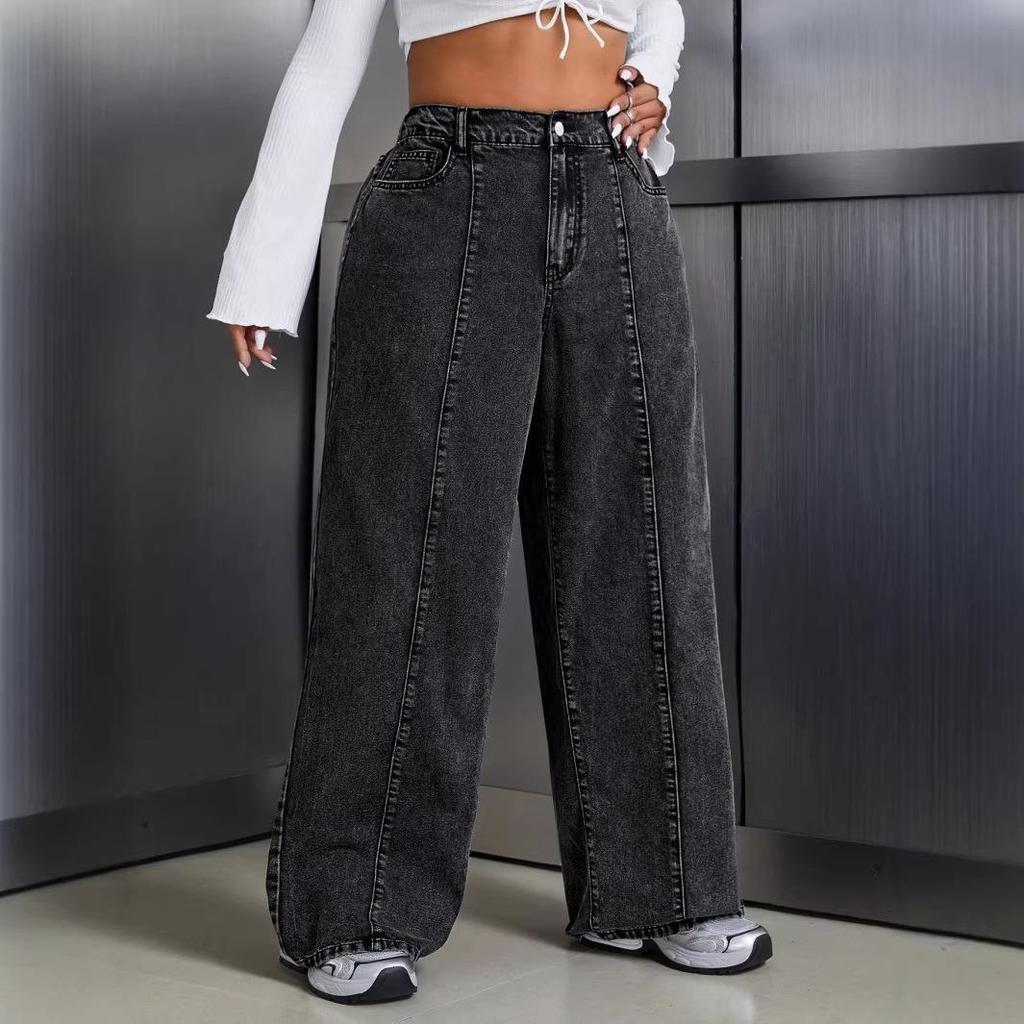 2026 European Plus Size Distressed Cropped High-Waisted Wide-Leg Baggy Jeans
