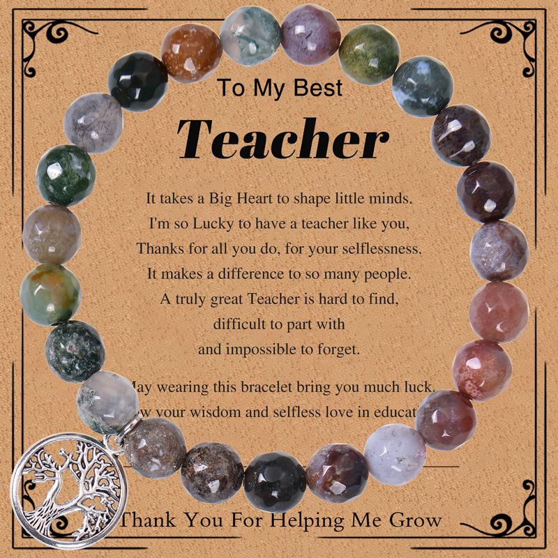 Teacher's Day Gift: 8mm Pink Zebra Stone Bracelet with Tree of Life Pendant