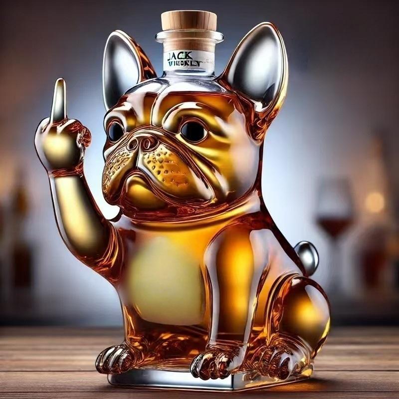 Transparent Glass French Bulldog Red Wine Bottle, Irregular Shape, Sealed for Whiskey/Vodka.