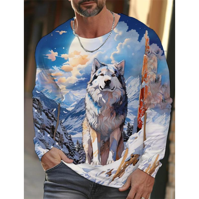 Fashion Men's Crew Neck Long Sleeve 3D Color Printing Summer Casual Long Sleeve Crew Neck T-Shirt