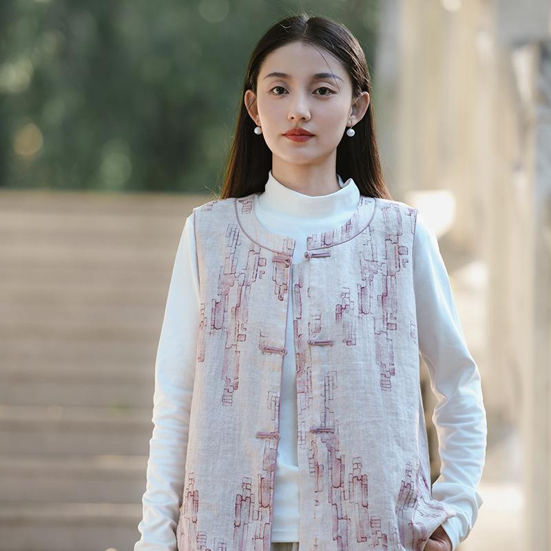 

Johnature Women Vintage Print Floral Coats Autumn O-Neck Sleeveless Button Chinese Style Female Coats XXL рожевий