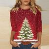 Women's Fashionable Casual Three Quarter Sleeve Christmas Printed Round Neck Top