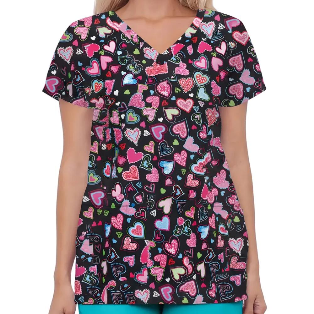Fashion Heart Print Surgical Uniforms Woman V-Neck Health Care Clinical Uniform Summer Short Sleeve with Pockets Scrubs Woman