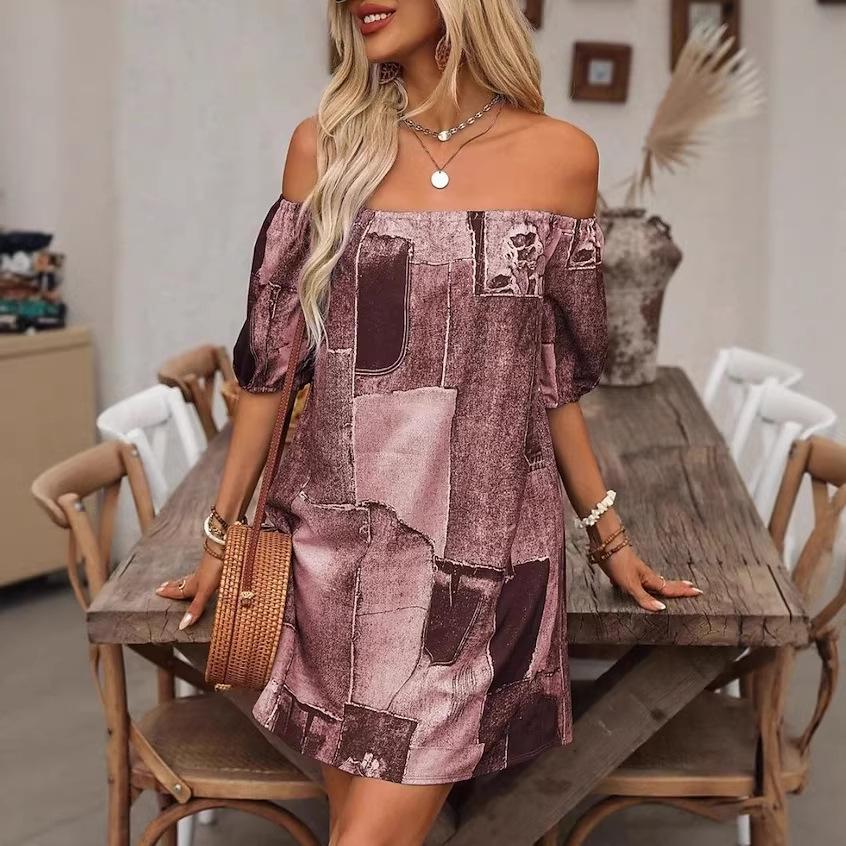 Women's Off Shoulder Puff Sleeve Denim Print Short A-Line Casual Dress