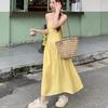 French Holiday Style Yellow Pleated Suspender Dress for Women, Small Man, Summer Waist Temperament A-shaped Long Dress