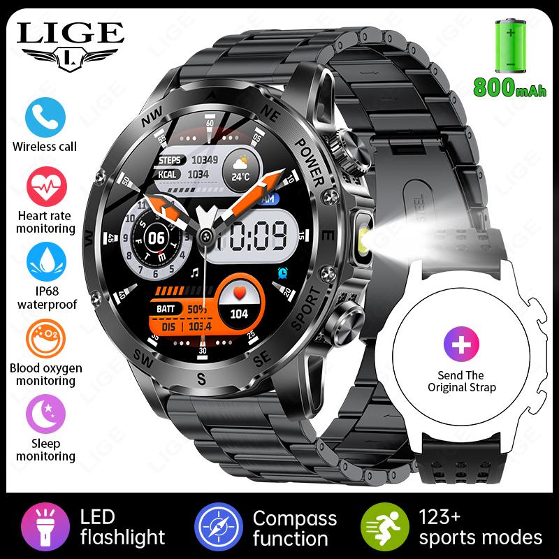 800mAh Large Battery Durable Adult Smart Watch Compass LED Flashlight IP68 BT Call Heart Rate 100+ Sports Smartwatch Men