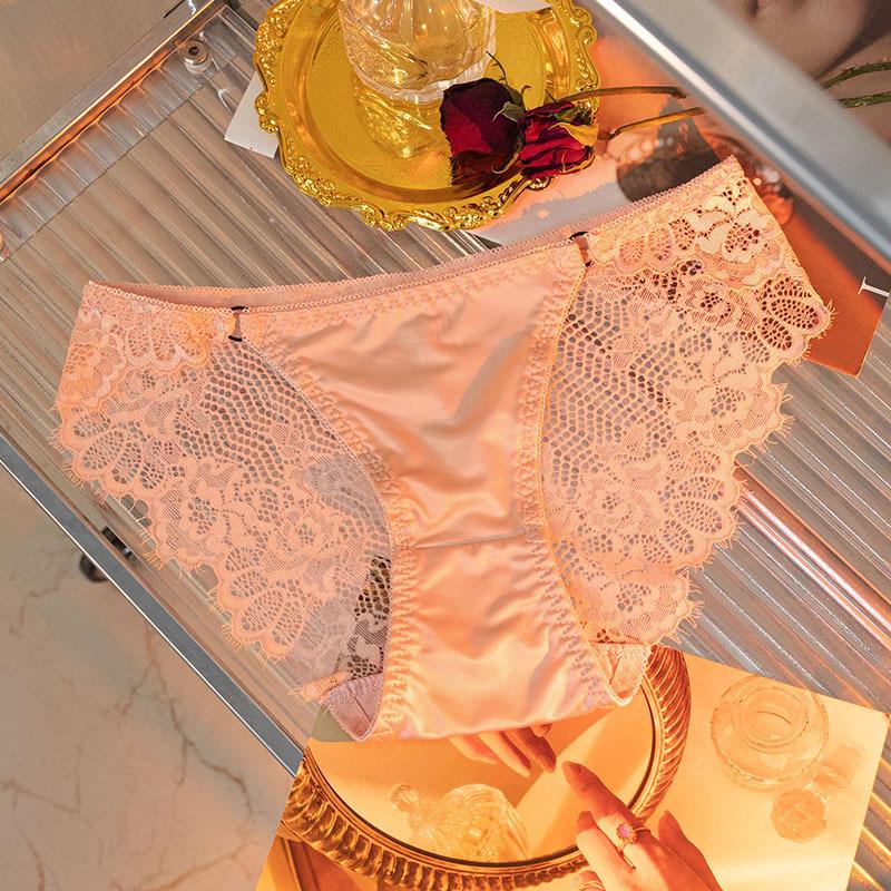 Luxury Satin Lace Panties Women Metal Hollow Out Transparent Mesh Seductive Triangle Underwear Comfort Fit Elegant Design