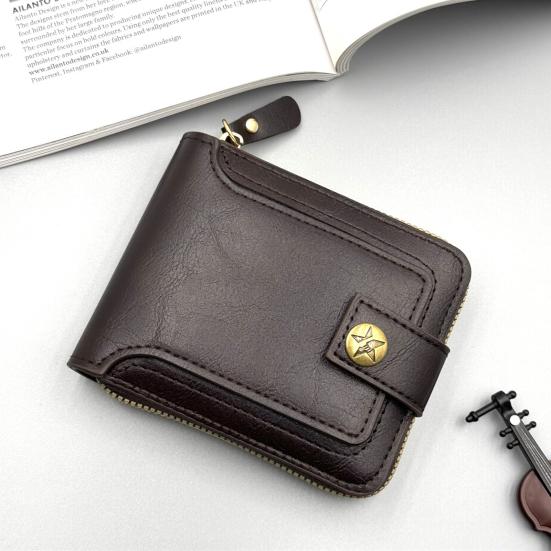 Men Faux Leather Wallet Large Capacity Wallet with ID Window Zipper Button Vintage Front Pocket Anti-Theft Multi-Slots Credit Card Holder