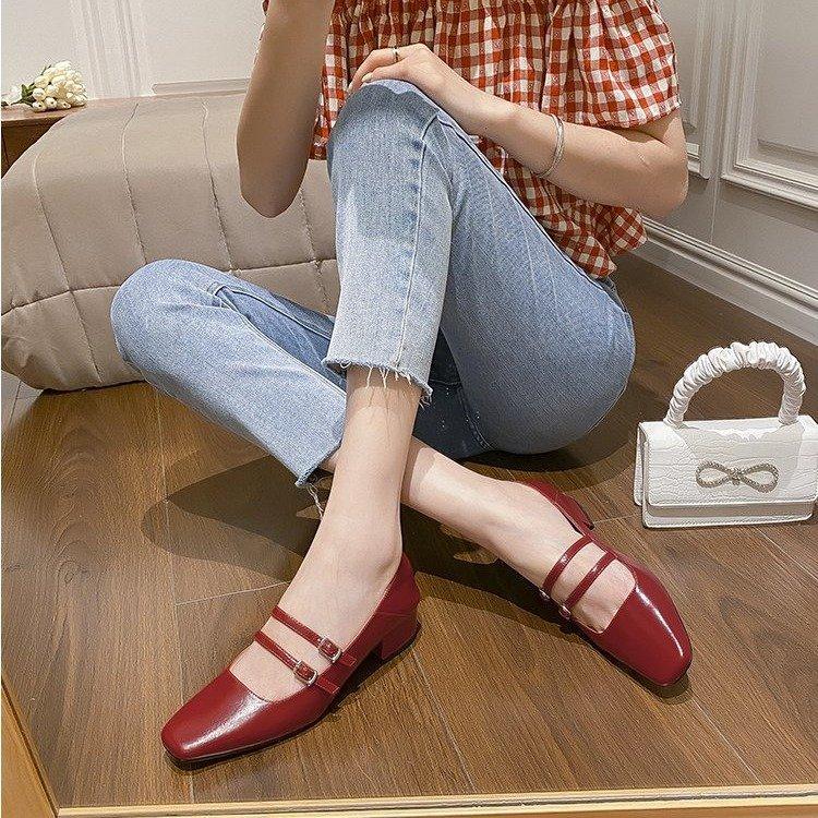 2024 Spring New Women Shoes Fashion Square Toe Shallow Ladies Mary Jane Ballerinas Vintage Style Low-heeled Casual Single Shoes