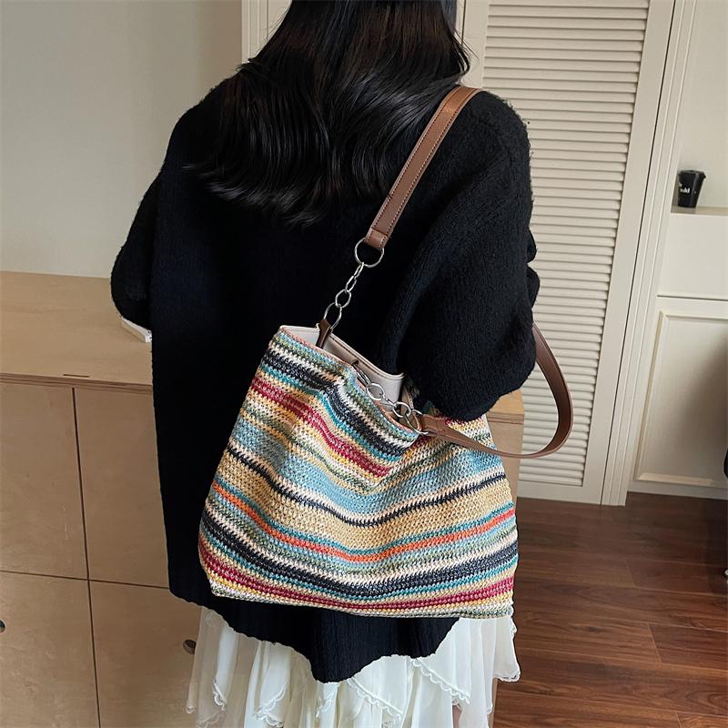 Shoulder Bag Women's Striped Contrast Color Tote Bag Woven Tote Bag Large Capacity Straw Woven Bag