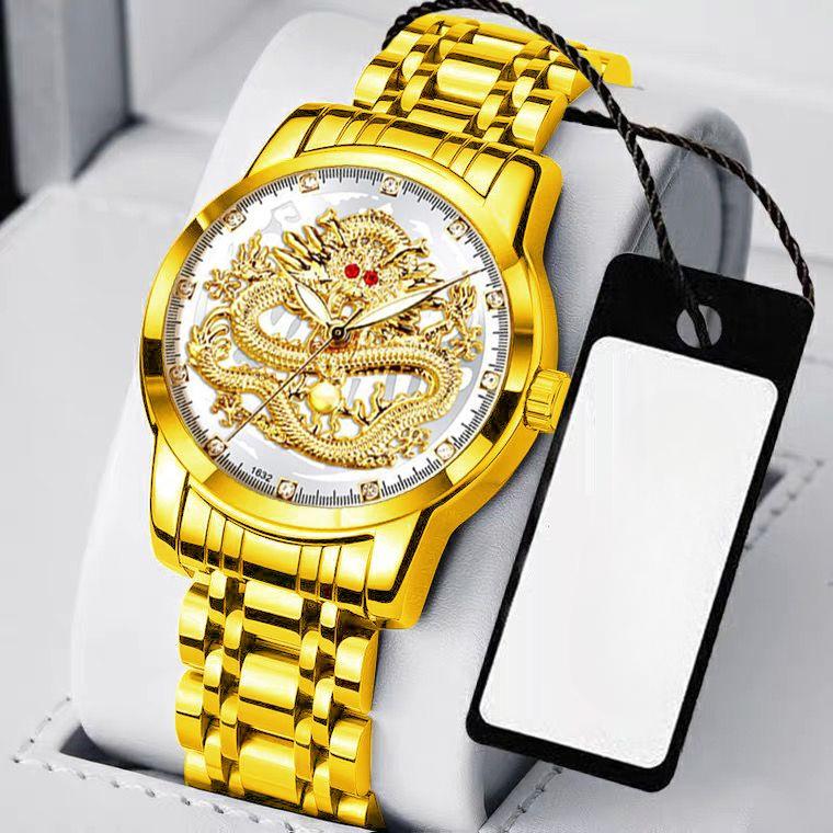 Wasserdichte und leuchtende Tierkreiszeichen-Drachenform Vollautomatische Quarzuhr Mechanische Uhr für Herren Stahlarmband für Herren