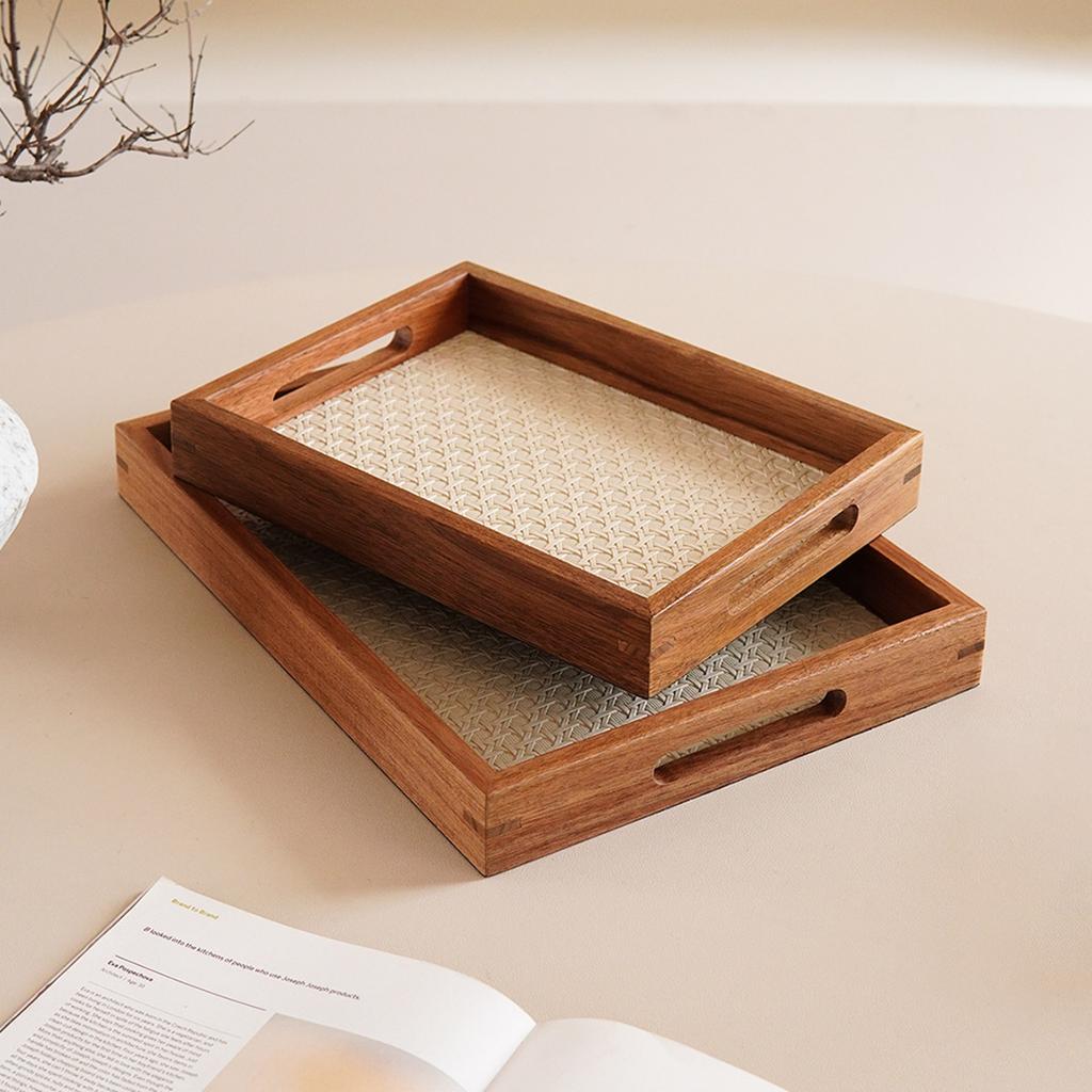 1Pc Bamboo Pattern Leather Tray, Acacia Wood Tray, Dressing Table Decoration Tray, Aromatherapy Ring Jewelry Tray