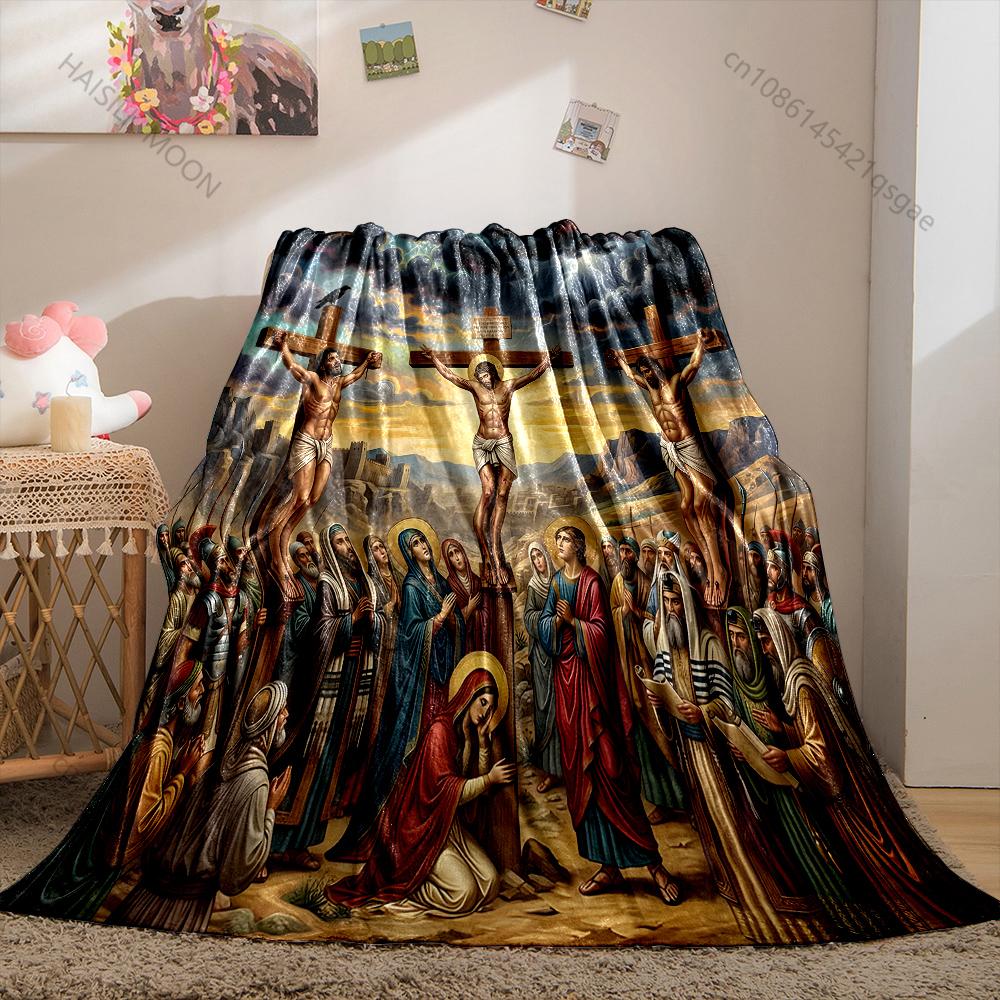 1PC Crucifixion Scene Print Blanket Prayer Blankets for Believers Suitable for Home Sofa Camping Travel Car Luxury Gifts