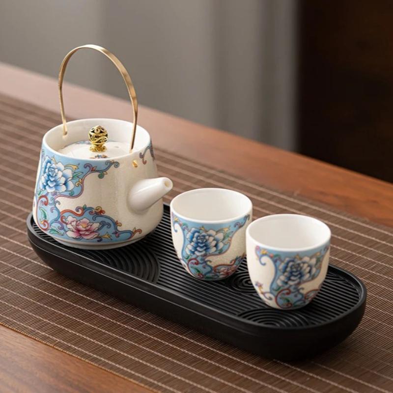 Enamel Cloisonn É Silver Tea Set High End Household Set of 1 Pot and 2 Cups Small Ceramic Kung Fu Teapot Tea Cup for Two People