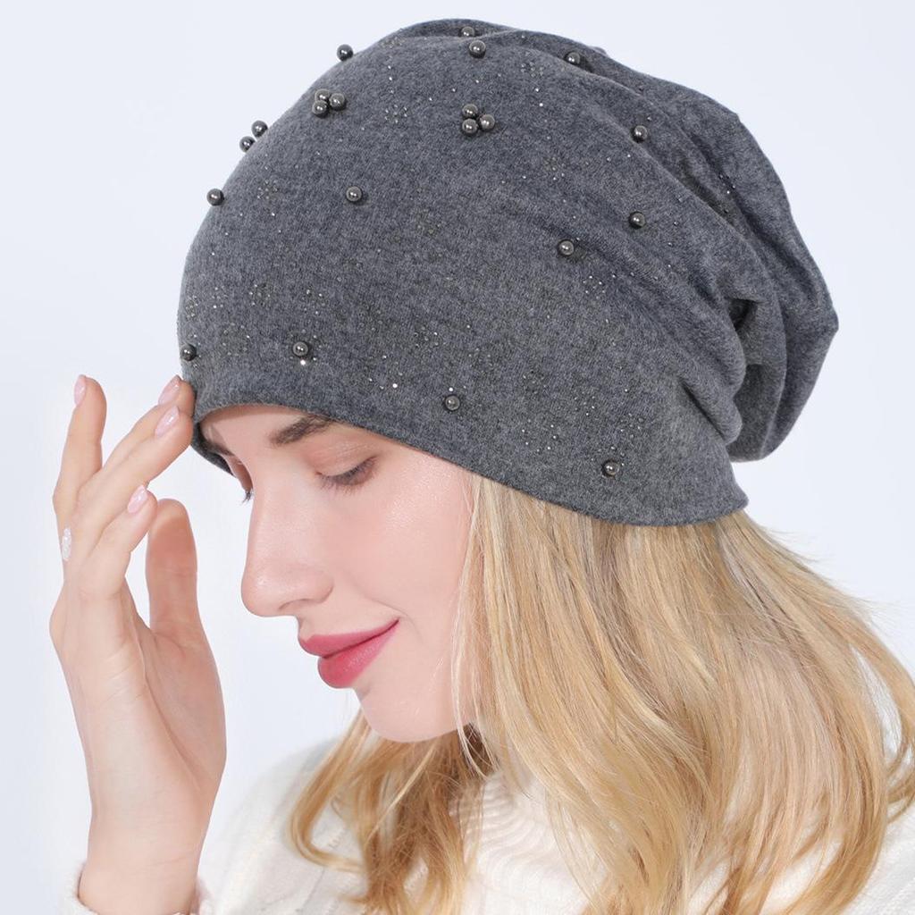 Women's Autumn Winter Double Layer Cotton Hot Diamond Binding Bead Pullover Versatile Warm Hat KTY