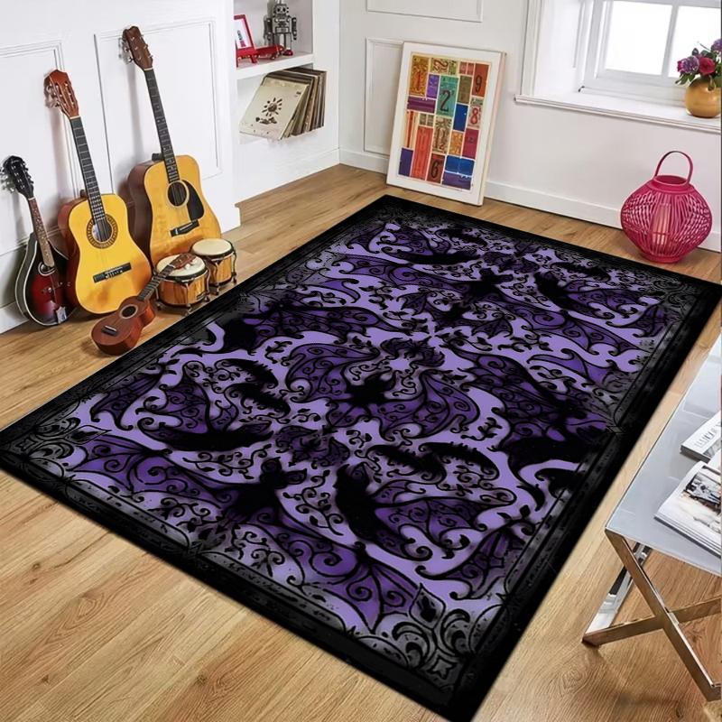 Purple Black Gothic Carpet Mat Rug with White Bat Skull Pattern Spooky Non-slip Home Decoration Living Room Bedroom Indoor Rug