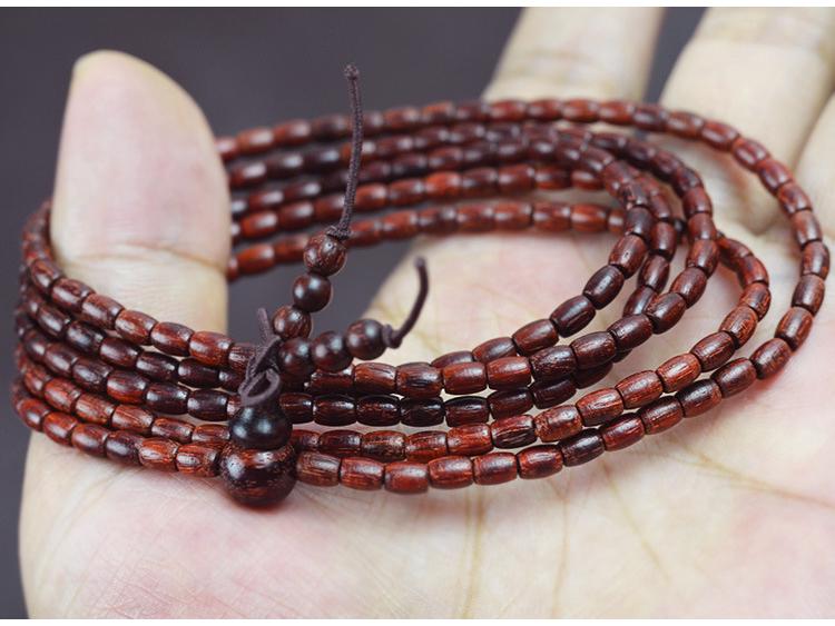 Natural Red Sandalwood Buddhist Bead Bracelet with Rice and Barrel-Shaped Beads
