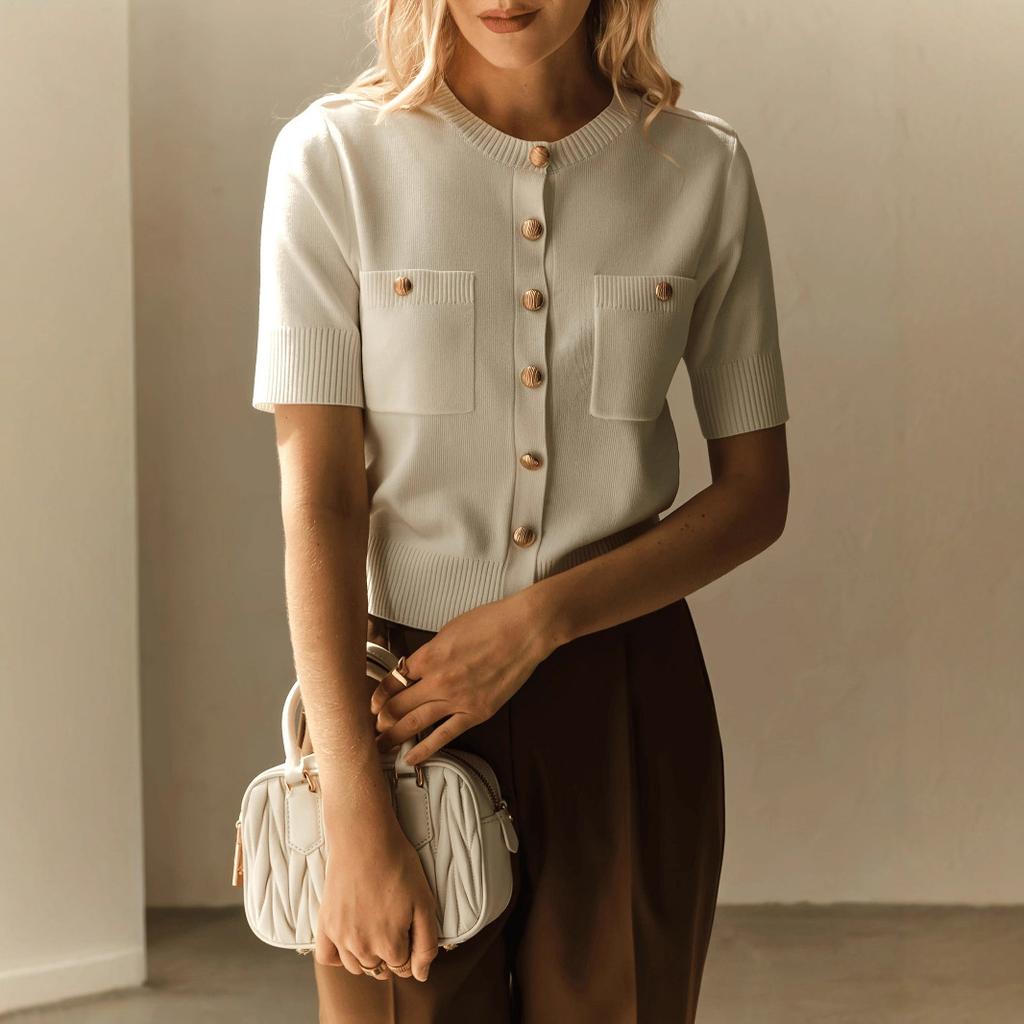 Women's Short Sleeve Cardigan with Gold Buttons and Pockets
