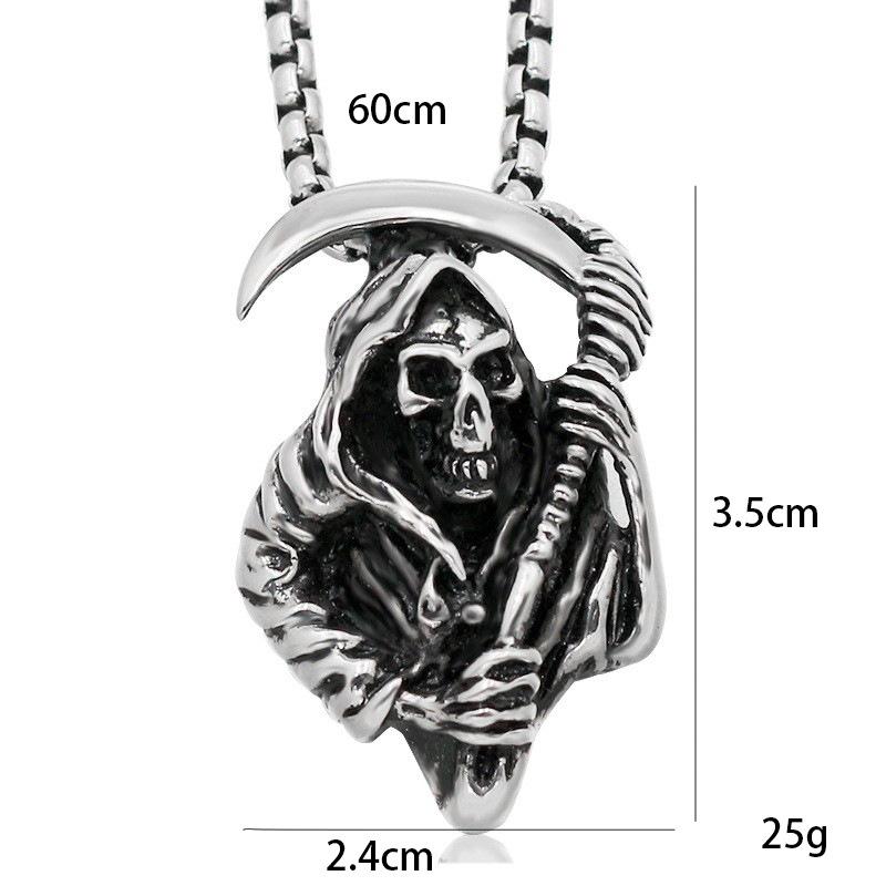 Skeleton Death Reaper Scythe Pendant Necklace, Mighty Titanium Steel Punk Trendy Men's Pendant