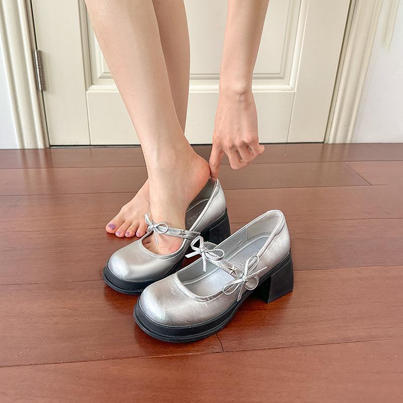 Spring and summer Mary Jane shoes women's silver thick heel round head light mouth beautiful high heel single shoes women