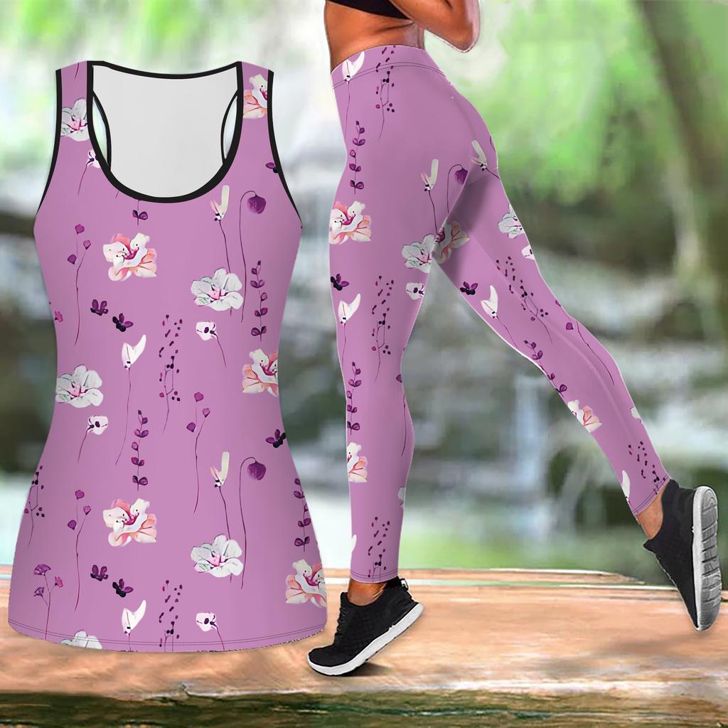 Suya Flower Print Yoga Outfit for Women Fashion Workout Leggings Fitness Sports Casual Yoga Set Sports Suit